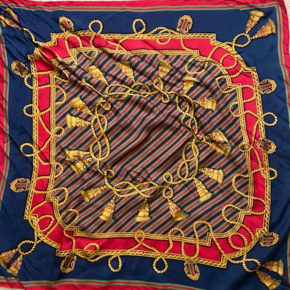 Vintage classic Ellen Tracy blue/gold/green/red Rope & Tassel Silk Scarf 33”x33” - Picture 6 of 10